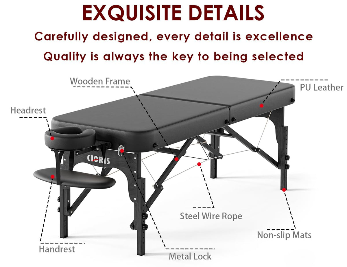 CLORIS 84" Professional Massage Table Portable Reinforced Wooden Leg 2 Folding Lightweight Spa Salon Tattoo Massage Bed Height Adjustable Hold Up to 1100LBS with Carrying Bag Black