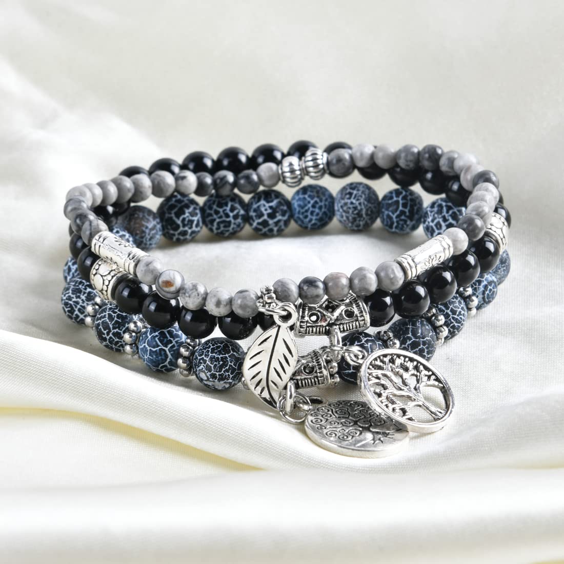 YGLINE Tree of Life Yoga Healing Stone Bracelets,Multilayer Lotus Chakra Stone Reiki Bracelet Sets,Anxiety Crystal Natural Stone,for Women Stress Relief (black wind fossilpicture jasper)