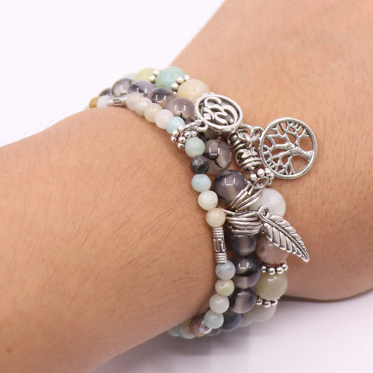UEUC Tree of Life Yoga Leaf Jasper & Tibetan Agate Gemstone Bracelet, Multi-Layer Natural Stone Healing Chakra Beaded Bracelet, Energy Balance Friendship Bracelet Set