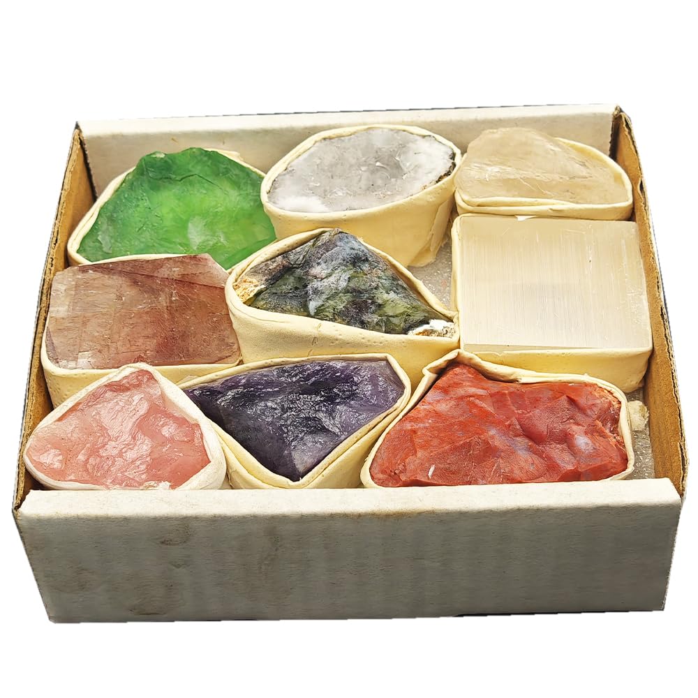 9 PCS Healing Crystals Raw Stones Set Natural Rock Minerals Specimens Collection Natural Amethyst White Crystal Fluorite Rose Quartz Assorted Gemstones Raw Energy Meditation(Crystal Rough Stone Set)