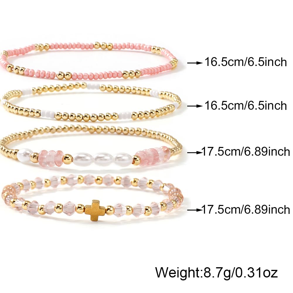 Bohxantium Gold Pearl Crystal Cross Bracelet for Women 14K Gold Plated Beads Pearl Pink Crystal Beaded Bracelet Stack Stretch Stackable Non Tarnish Trendy Jewelry Friendship Christian Gift for Women