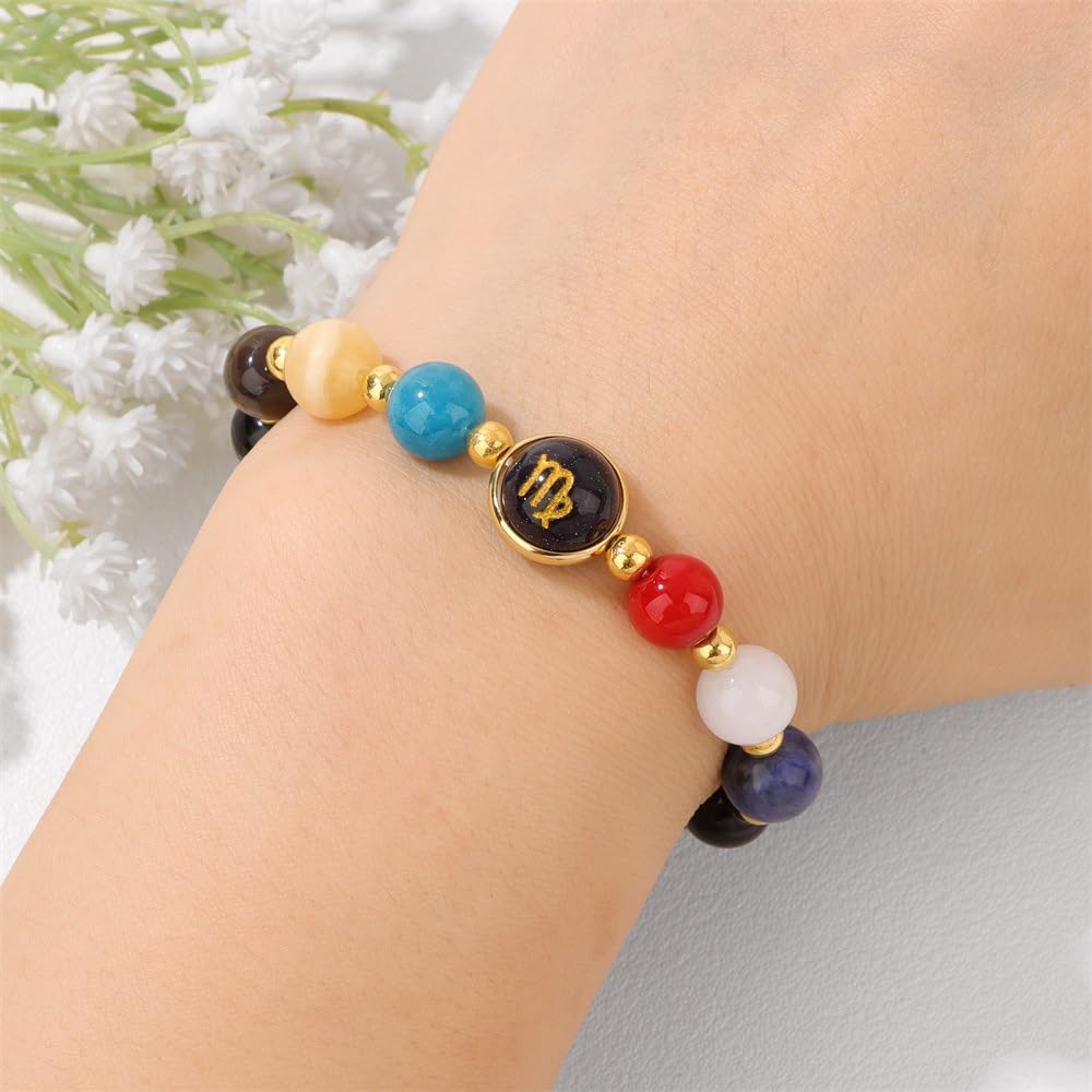 COLORFUL BLING Zodiac Bracelets for Women Men 12 Constellations Healing Crystal Stretch Bracelet Zodiac Sign Natural Stone Beaded Bracelet Horoscope Spiritual Jewelry Birthday Gift -Aquarius