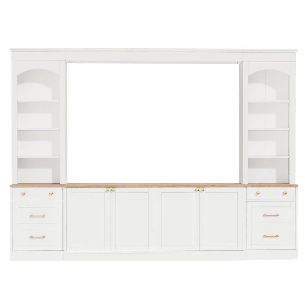 Merax Farmhouse 106-Inch Arched Entertainment Wall Unit Set with Adjustable Shelves, TV Stand for Televisions Up to 70'', Mid-Century Large Media Console with Drawers for Living Room, White