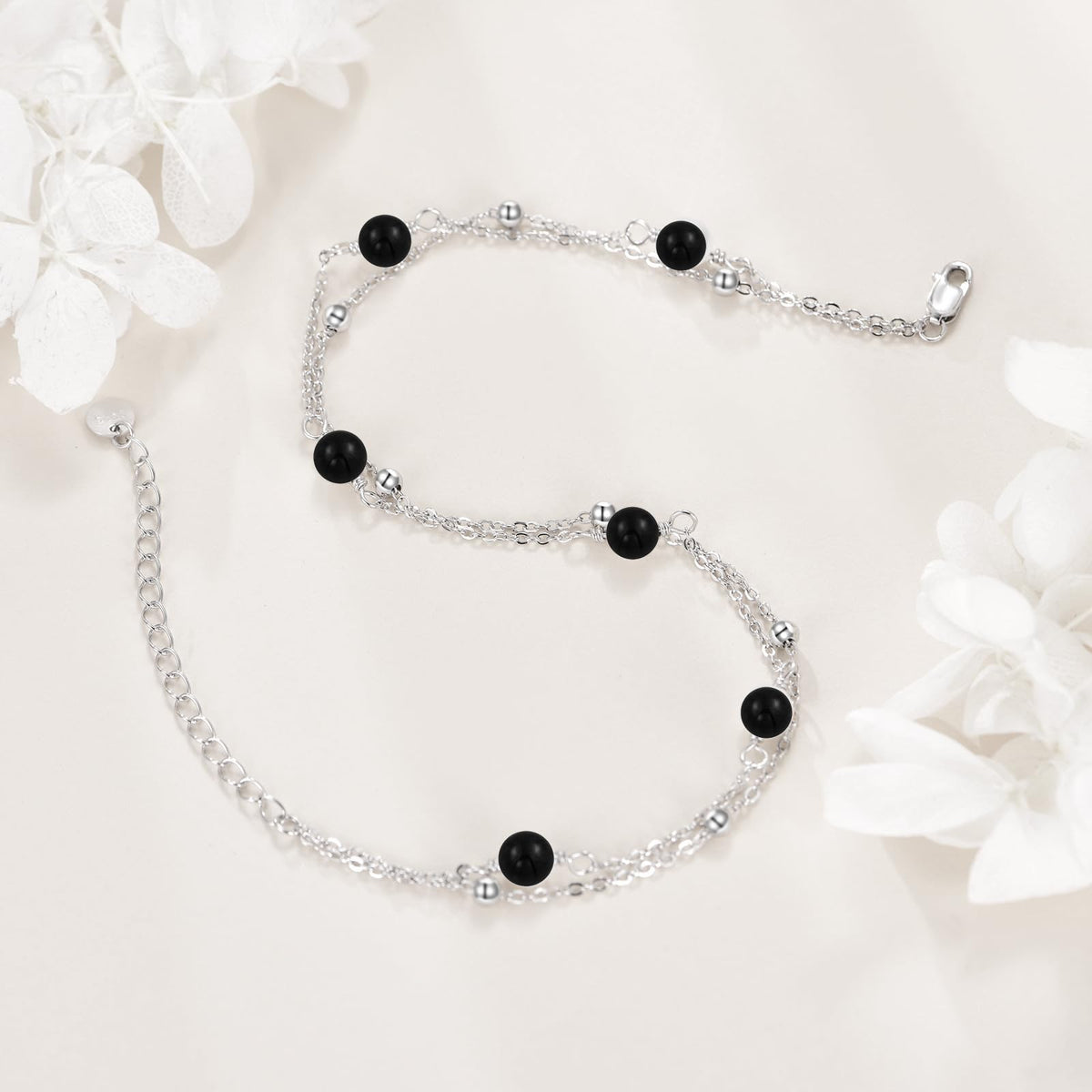 CRMAD Black Onyx Bracelet for Women Sterling Silver Beach Jewelry Gift for Women (black onyx, bracelet 7+2'')