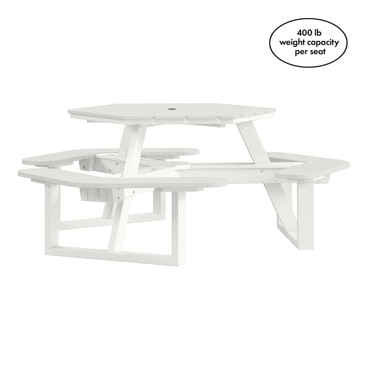 Shoreline Made in USA Hexagon Picnic Table, Seating for 6, Coconut White