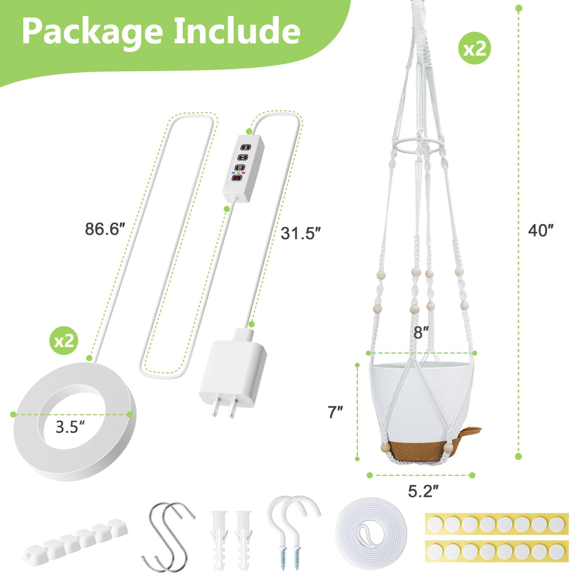 Hanging Planters for Indoor Plants: 2 Pack Macrame Plant Hangers with Grow Lights and Self-Watering Pots, Large Hanging Pots with Drainage Holes & Removable Tray(8in White Pot, Daylight Spectrum)