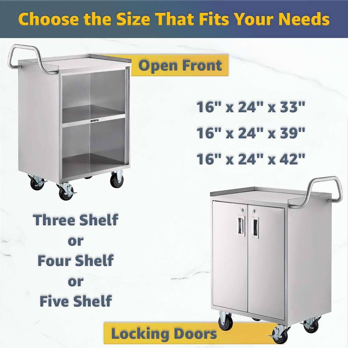 16" x 24" Stainless Steel Utility Cart with Enclosed Base and Locking Doors - 3 Shelf Heavy-Duty 18-Gauge 304 Steel Rolling Cabinet - NSF Commercial Service Cart for Kitchen, Catering, Restaurant