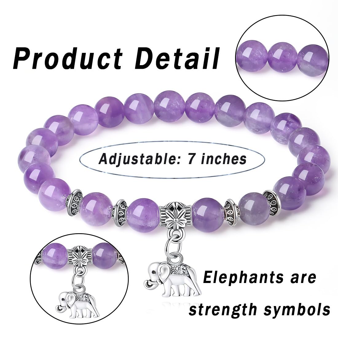 MAIBAOTA Amethyst Bracelet for Women, Purple Bracelet, Amethyst Crystal Stone Beaded Bracelets, Elephant Round Gemstones Stretch Bracelet, Crystal Jewelry Gifts for Women Mom