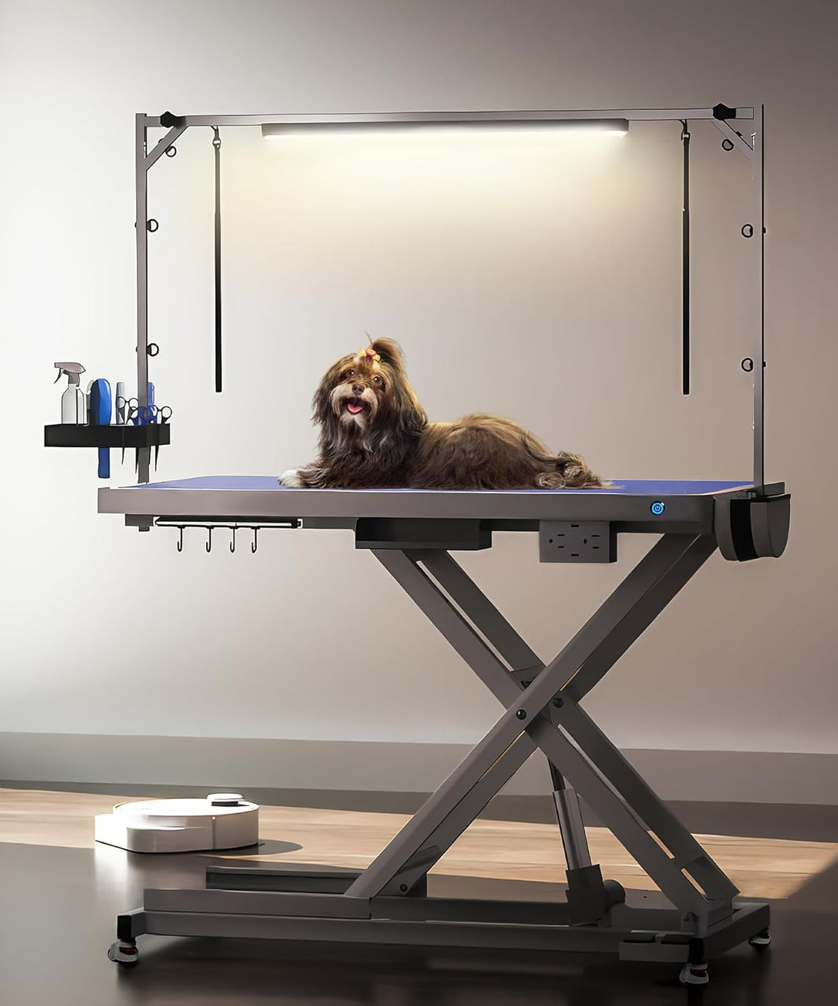 POLIMO LED Professional Electric Dog Grooming Table - 50" Heavy Duty Dog Grooming Station with LED, Button & Foot Control, Grooming Arm, Leveling Wheels, Anti-Slip Top & Tool Organizer (50", White)