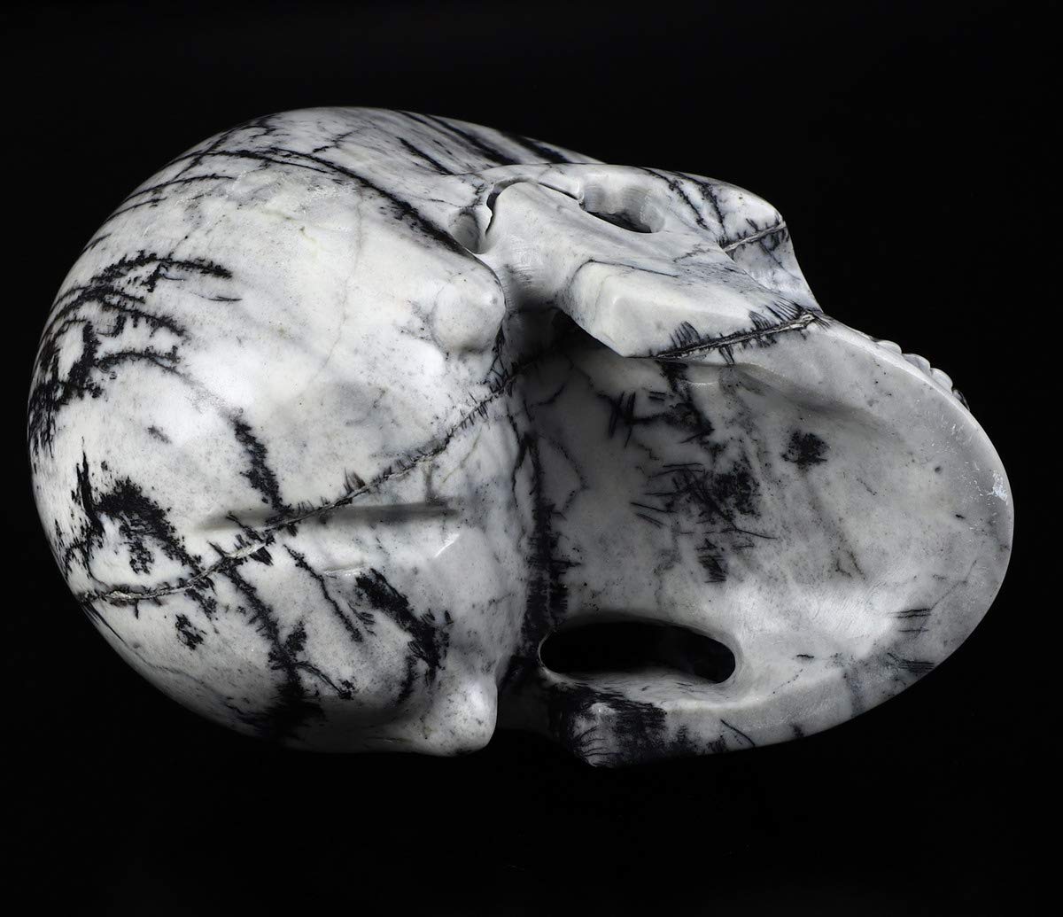 Skullis 5.0" Black Picasso Crystal Skull, Hand Carved Gemstone Fine Art Sculpture, Reiki Healing Stone Statue.