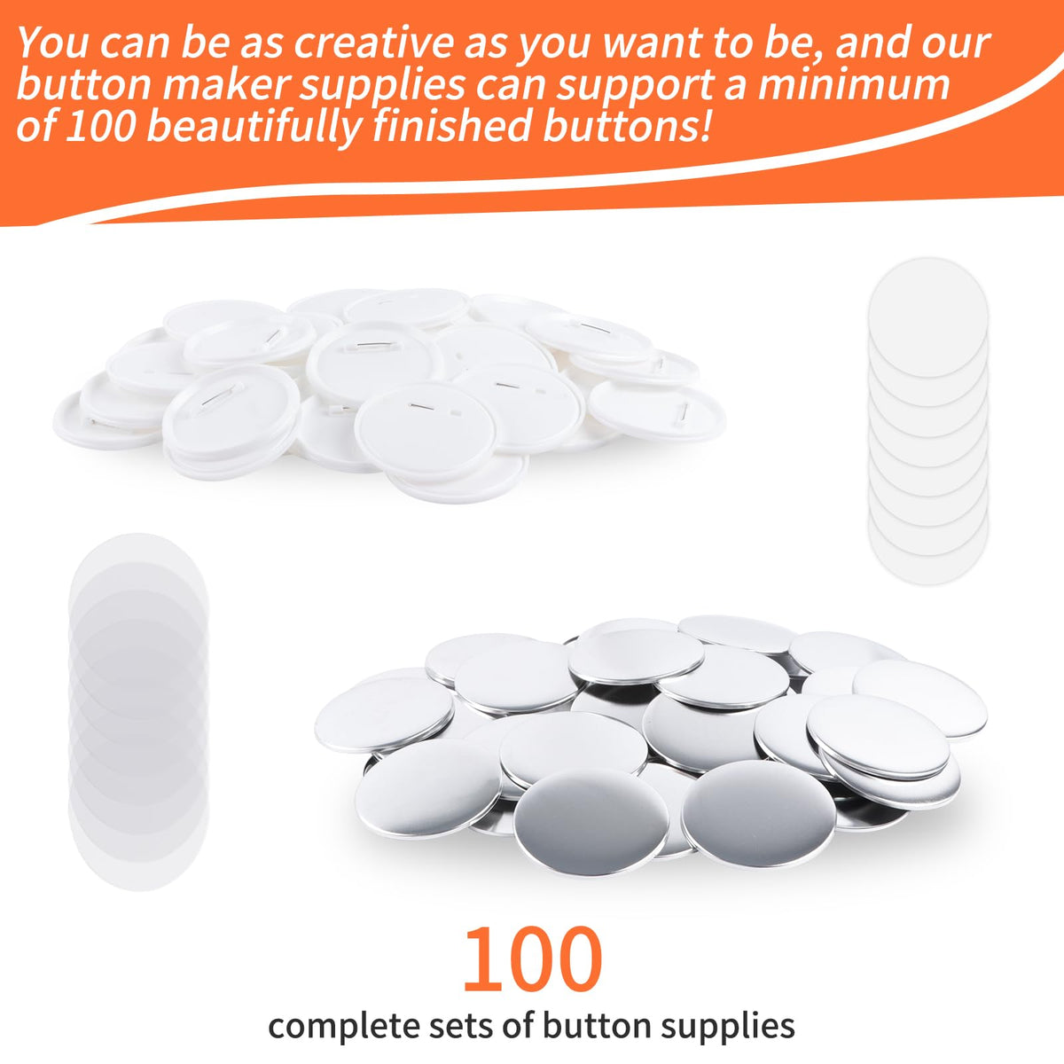 100 Sets 75mm/3inch Button Making Supplies, Pin Back Button Parts for Badge Maker Machine, Including Plastic Badge Pin Back Cover, Metal Covers,Blank Paper and Clear Plastic Film