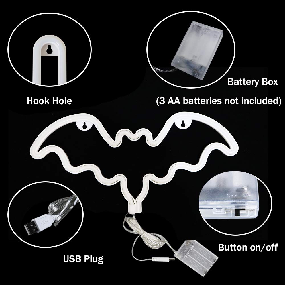 Vicila LED Neon Bat Signs Halloween Decor, Purple Bat Shape Neon Lights Gothic Battery Operated Desk Table Lamp for Bedroom, Bar, Wall, Coffin Decor-Bat(Purple)