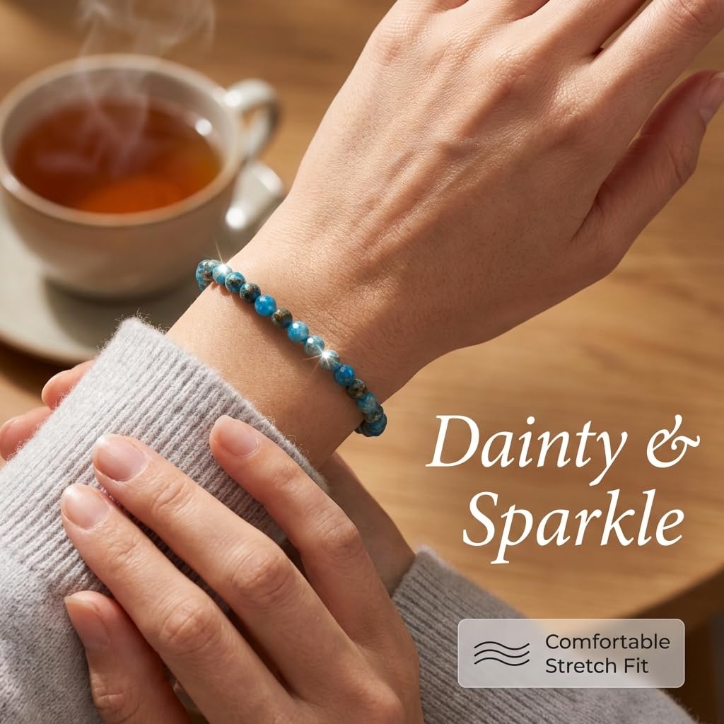 Angelstones Natural Blue Apatite Gemstone Stretch Bracelet, 4mm Faceted Round Beads, Crystal Healing for Women