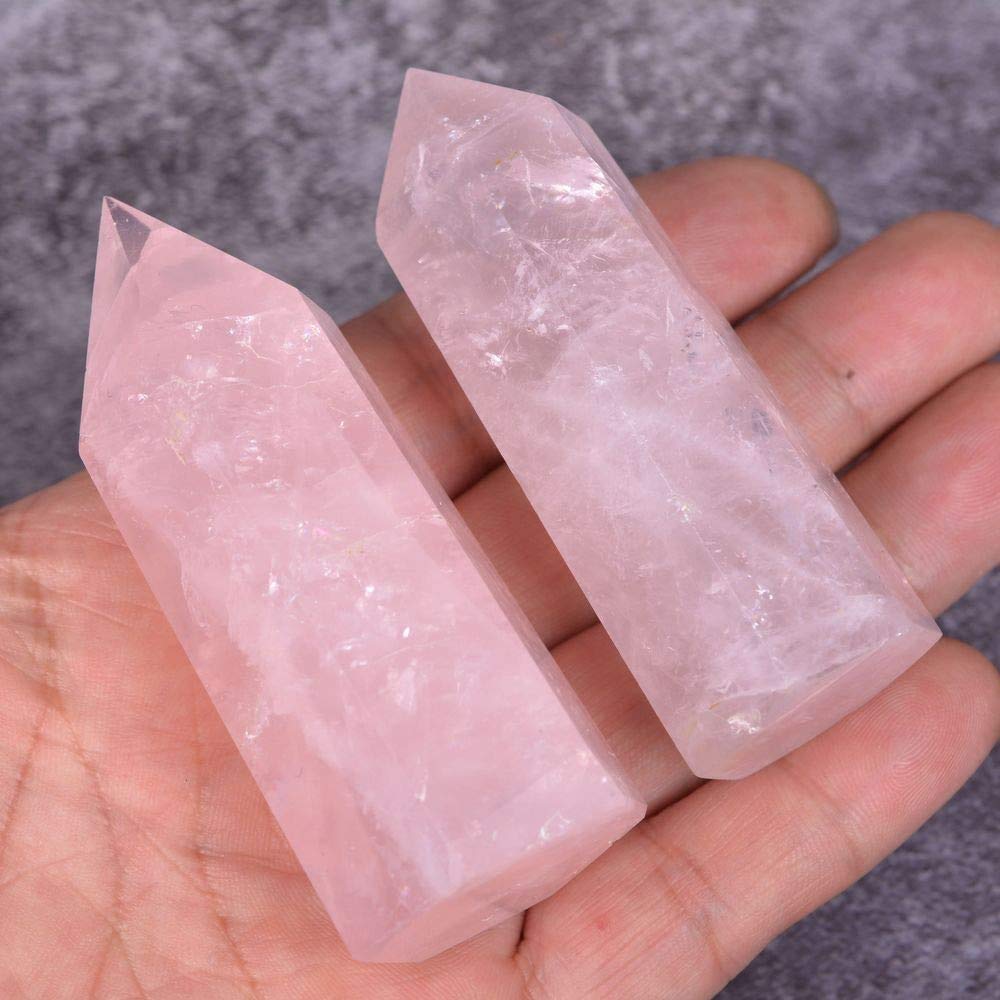 Angelstones Natural Rose Quartz Gemstone Healing Crystal Hexagonal Pointed Reiki Chakra Faceted Prism Wand Carved Stone Figurine Home Decor