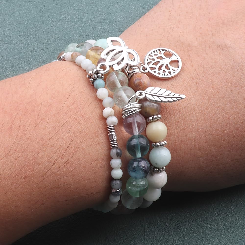UEUC Tree of Life Yoga Healing Stone Bracelets, Multilayer Lotus Chakra Stone Reiki Bracelet Sets, Anxiety Crystal Natural Stone,for Women Stress Relief(#144)