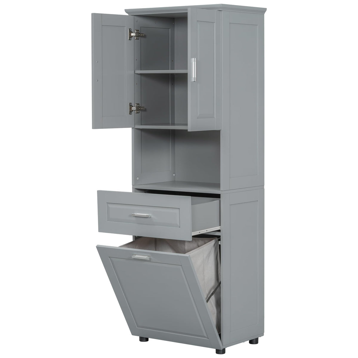 Virubi Tall Laundry Cabinet with Tilt Out Laundry Hamper and Drawer, Modern Wood Bathroom Storage Cabinet with Doors and Adjustable Shelves, Freestanding, Grey