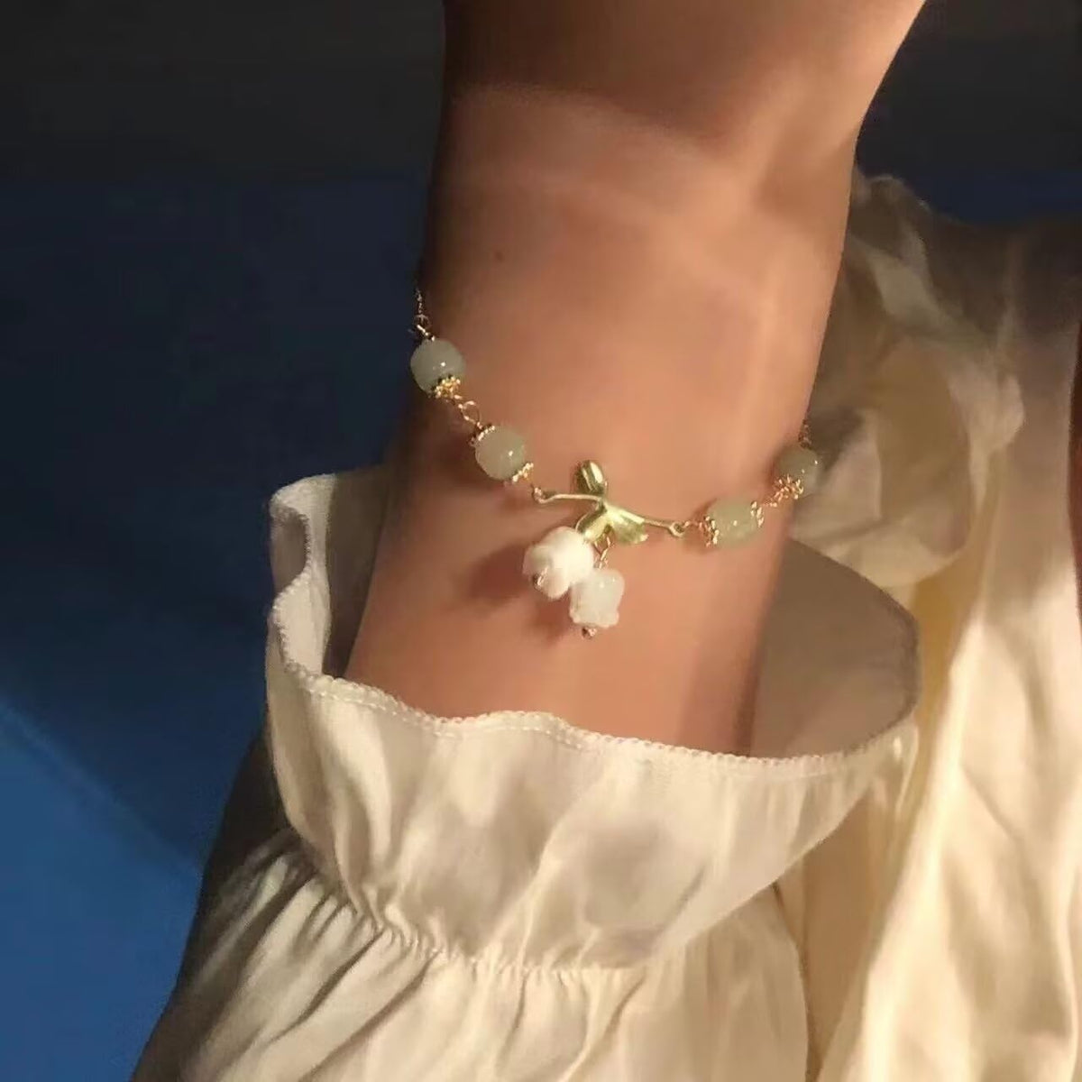 14k Gold Cute Lily of The Valley Bracelet Flower Jade Pendant Necklace Bracelet Adjustable Orchid Bracelet Jade Beads Stretchable Gemstone Necklace Jade Bracelet(Bracelet)