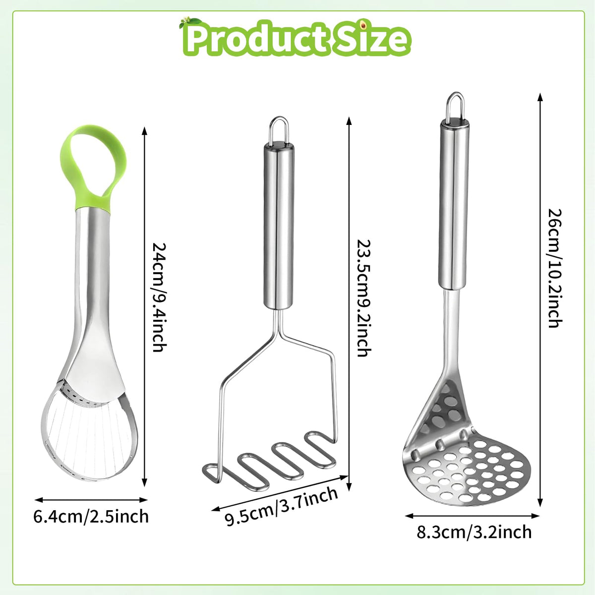 3-in-1 Avocado Slicer Tool,Stainless Steel Avocado Cutter with 2pcs Potato Masher- Multi-Function Avocado Tool for Slicing,Scooping Pit Removal Kitchen Too