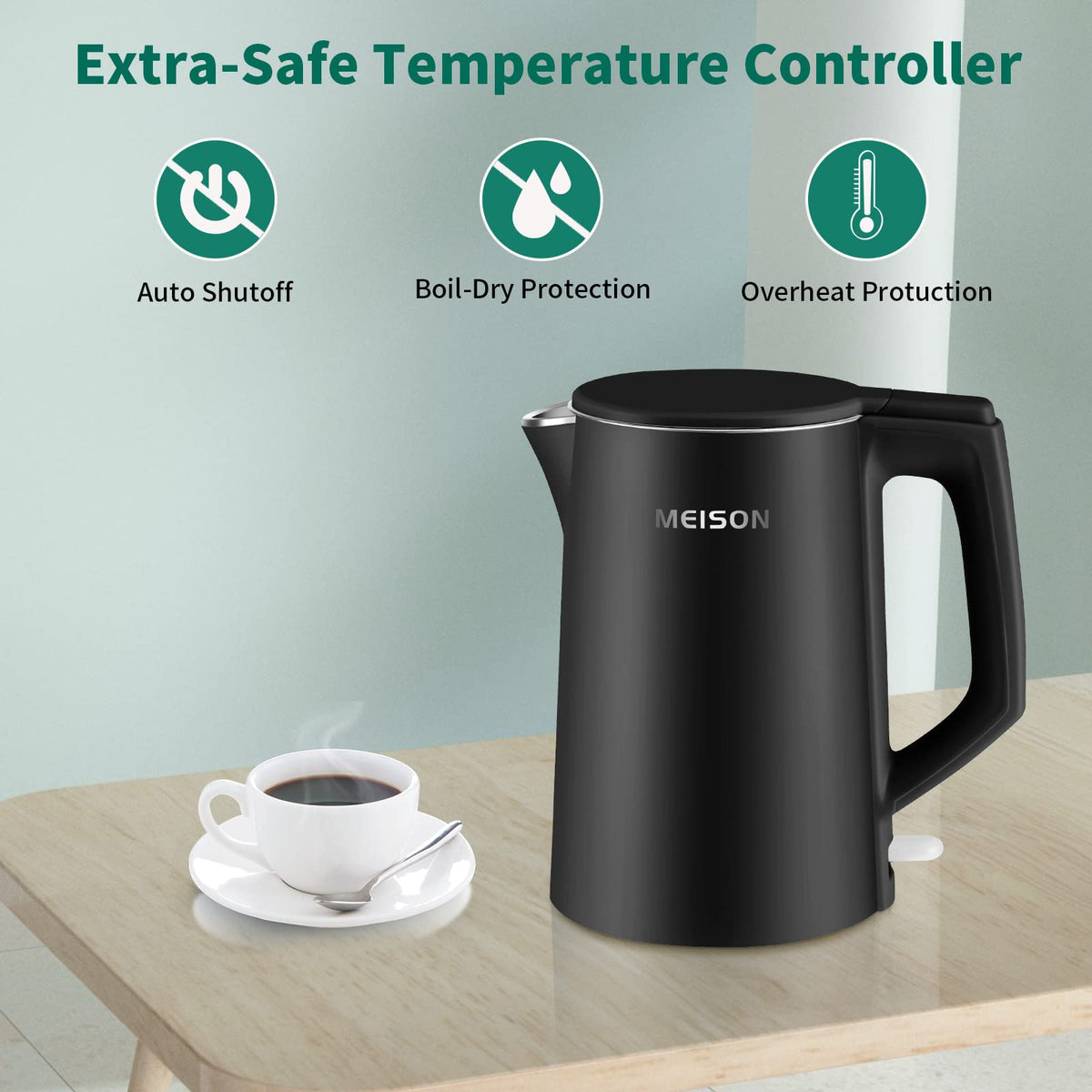 MEISON Electric Kettle, 1.7 L Double Wall Food Grade Stainless Steel Interior Water Boiler, Coffee Pot & Tea Kettle, Auto Shut-Off and Boil-Dry Protection, 1200W, 2 Year Warranty(Black)