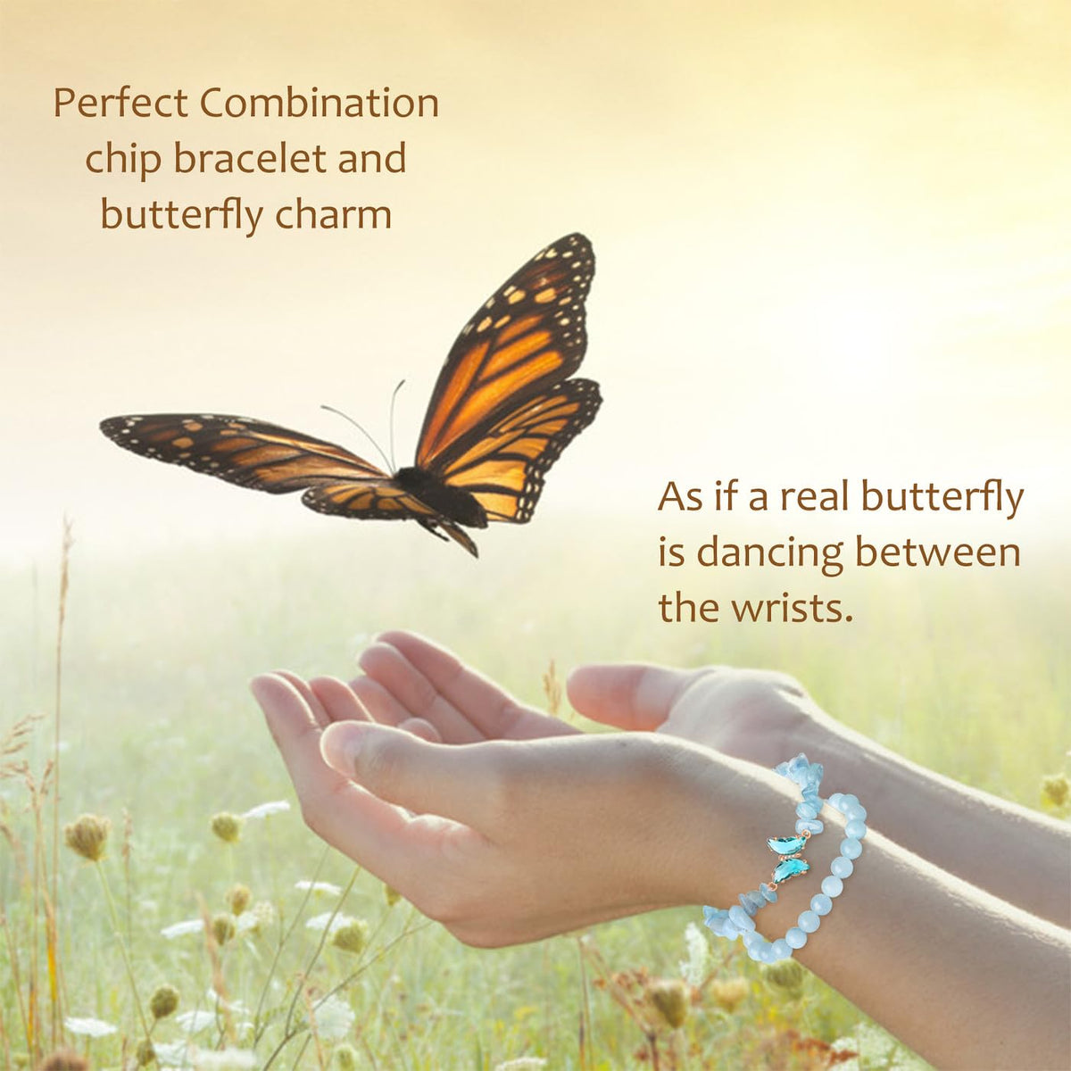DUQGUHO 2PCS Aquamarine Bracelets Blue Bracelet for Women Natural Aquamarine Crystals Jewelry 8mm Butterfly Bracelet Gifts for Women