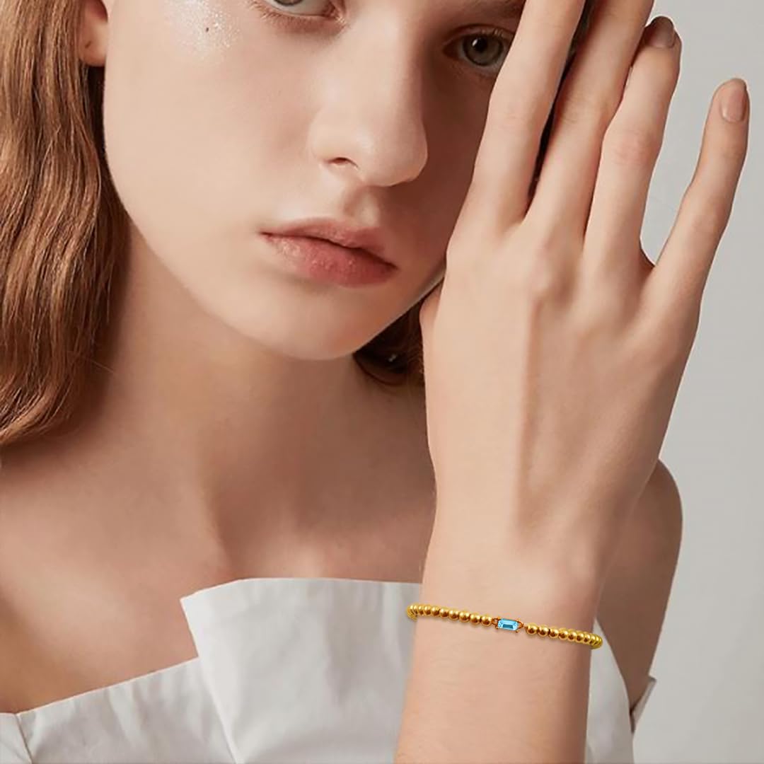 Free bird Birthstone Bracelet 14K Gold Bracelets March Aquamarine Birthstone Bracelet Handmade Stretch Beaded Bracelets Blue Gemstone Jewelry Bracelet for Women