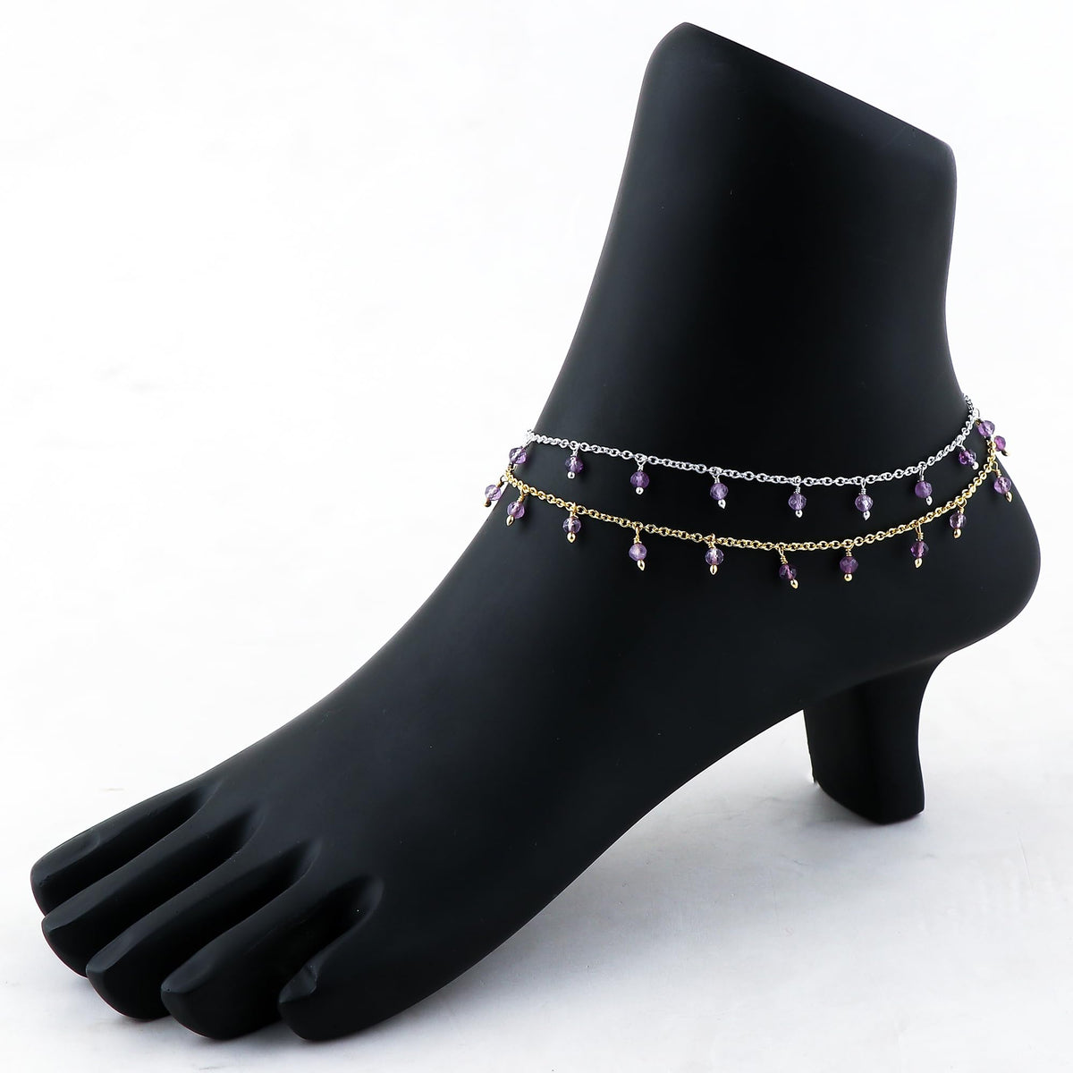 JOR Natural Amethyst Beaded Rosary Anklet, Handmade Craft, Anklet Beads Bracelet, Chakra Healing, Gemstone Women Jewelry, Dainty Gold and Silver Plated Combo Anklet 9 inch + 1.5 inch (2pcs)