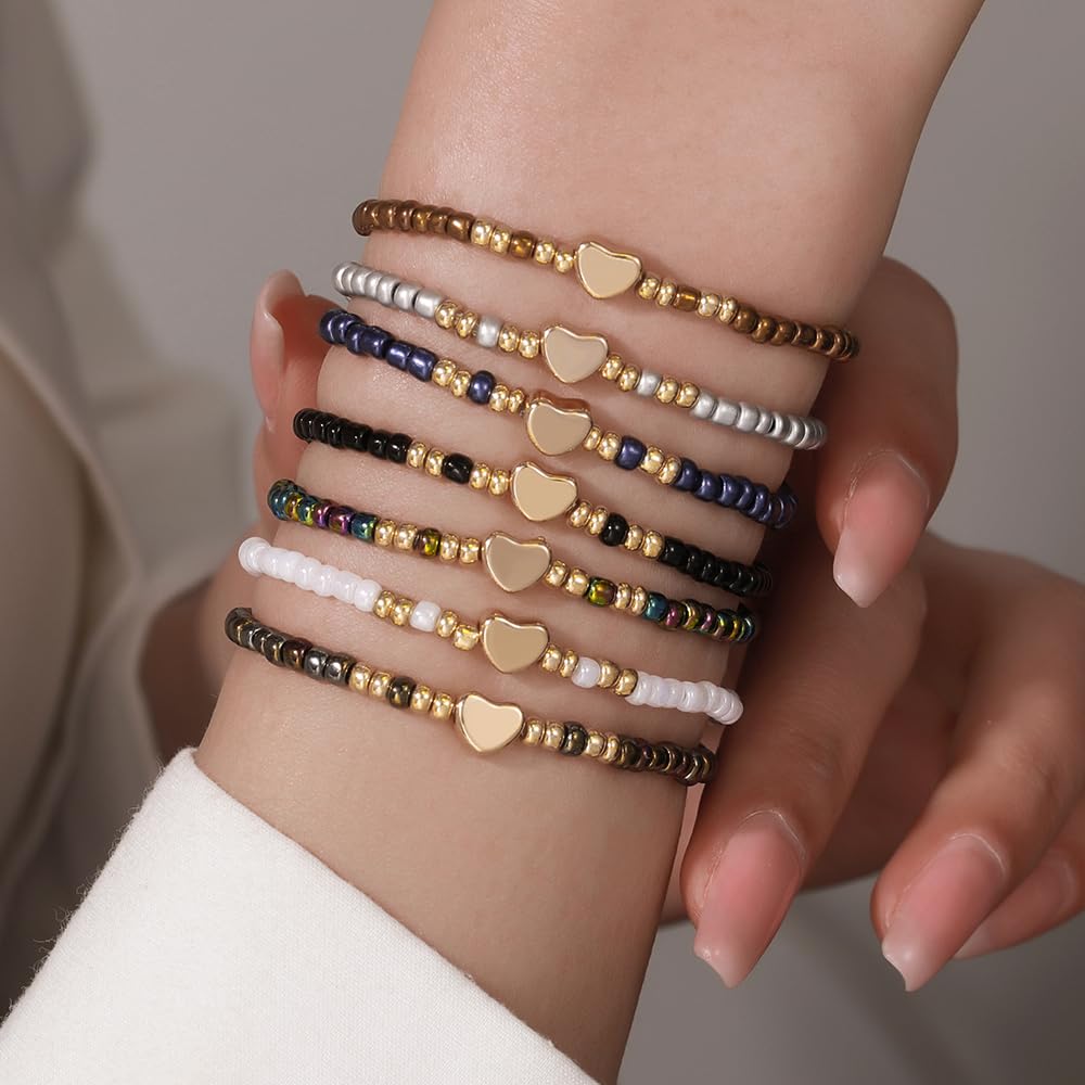 Friendship Bracelets for Women Heart Beaded Boho Stackable Bracelet Surfer Heishi Clay Stretch Preppy Bracelet