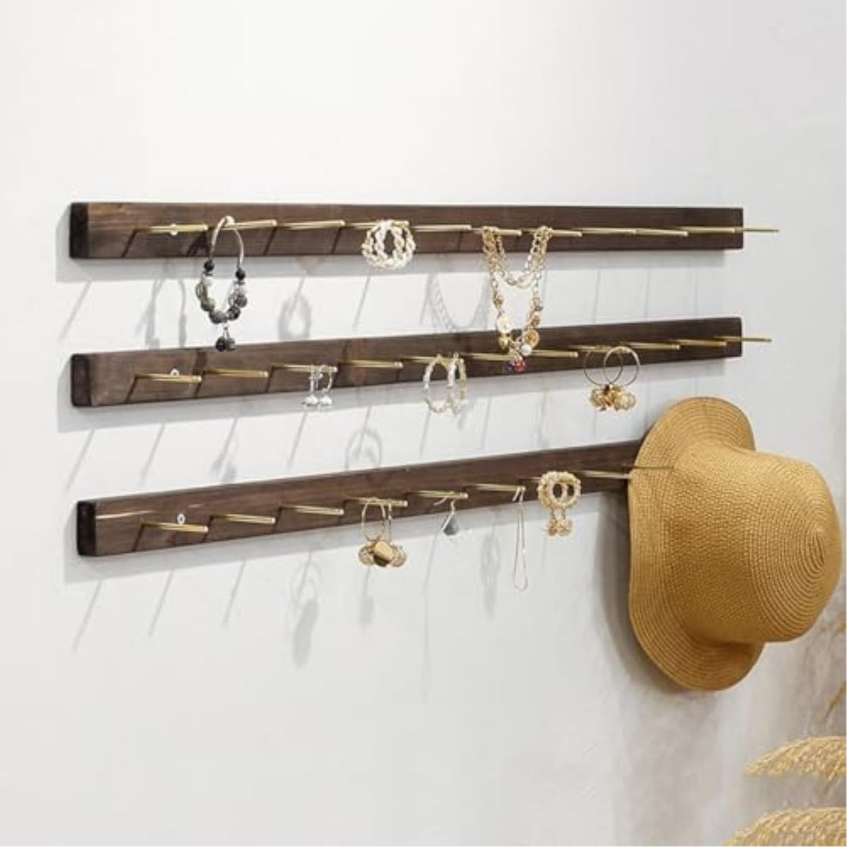 HOTAPEPU Wall Mounted Jewelry Organizer - 3 Pack Wooden Necklace Hanger, Bracelet & Keyring Display Rack, Perfect for Retail Stores, Home Decor, and Accessories Storage~/