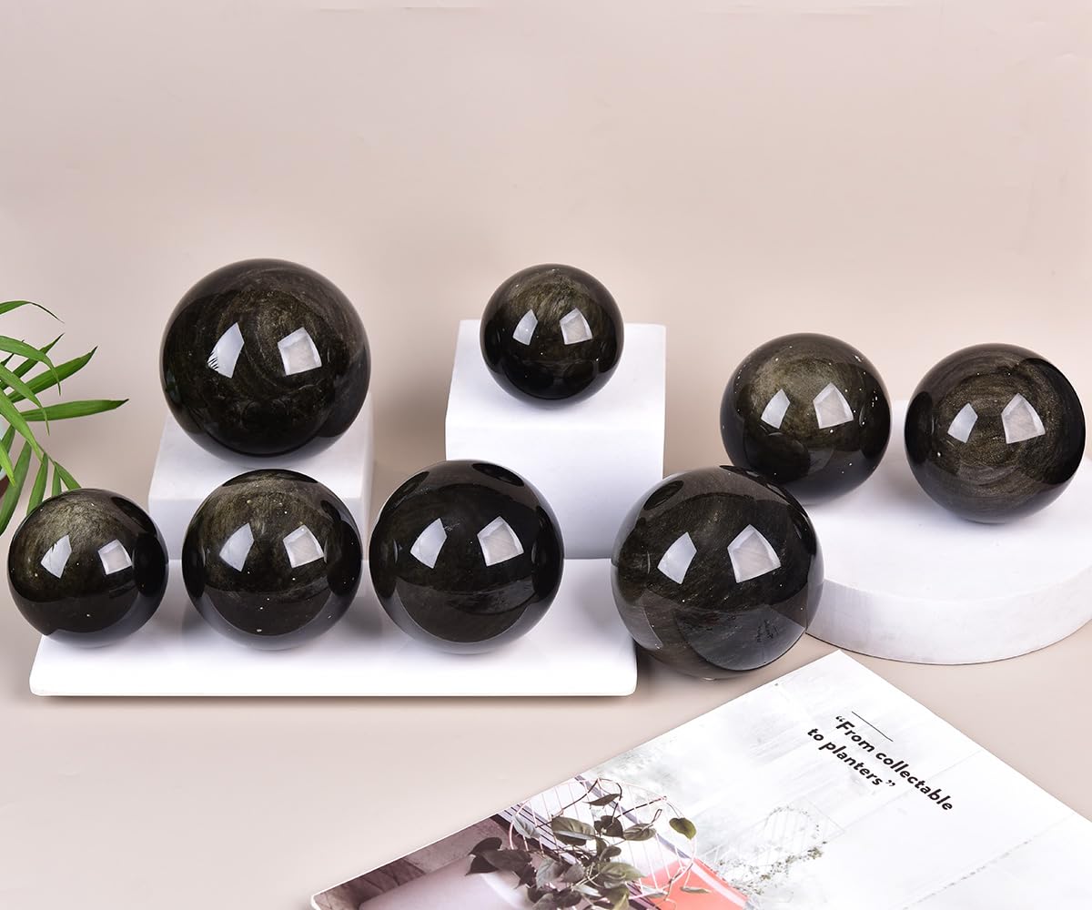 JIC Gem Large Golden Obsidian Crystal Ball with Stand Natural Quartz Crystal Sphere Healing Ornament Witchcraft Meditation Home Decor 3.5-4 inch(90-100mm)
