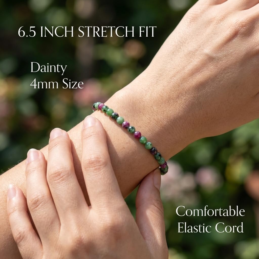 Angelstones Natural Ruby In Zoisite Gemstone Small Beaded Stretch Bracelet, 4mm Faceted Round Beads, Crystal Healing Bracelet for Women