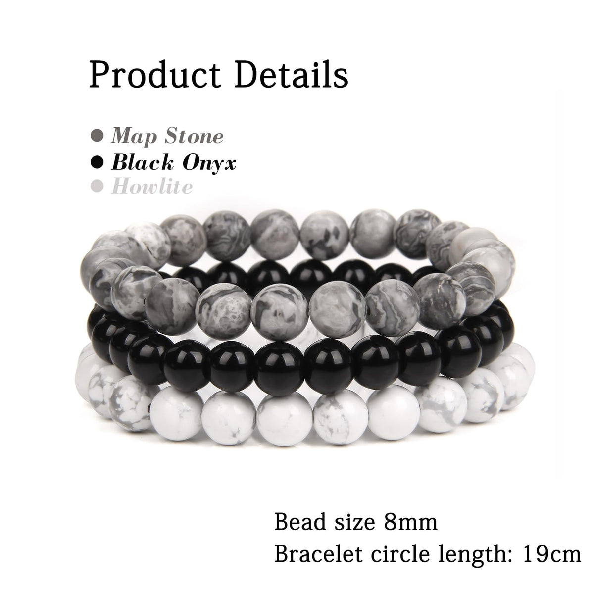 Risyfjew 3 PCS Healing Crystal Bracelet Women 8mm Natural Stone Beaded Stretch Bracelet Map Stone Howlite Jewelry Gifts