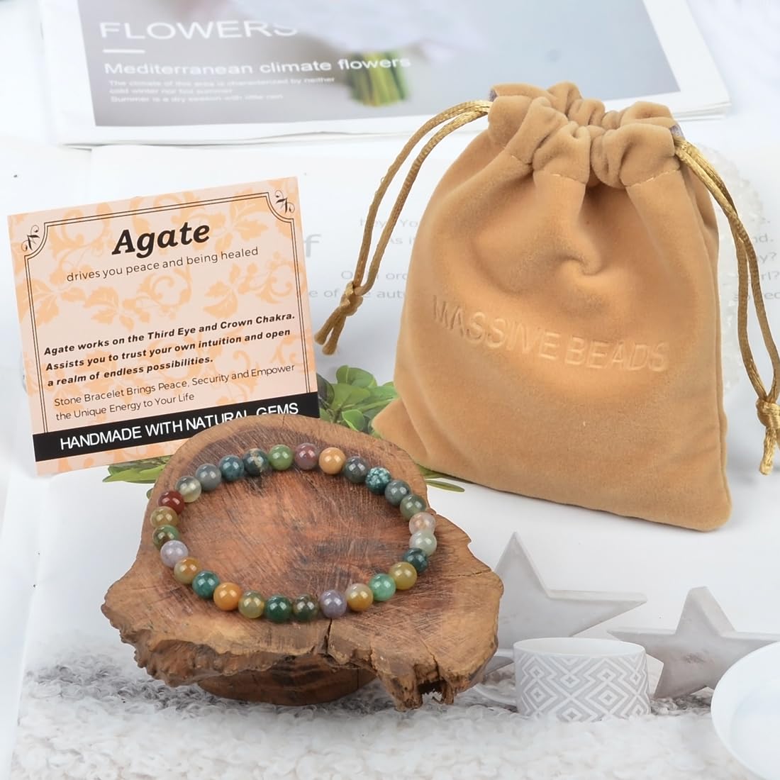 MASSIVE BEADS Indian Agate - Stone of Peaceful - Handmade Yoga Stretch Elastic Bracelet Natural Stone Crystal Healing Power Energy Gifts for Unisex Adult 6mm