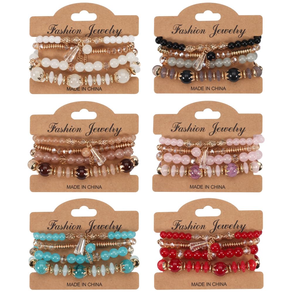 LOTSOF Bohemian Green Jade Stackable Bracelet Set - 4-Layer Stretch Beaded Bracelets with Gold Accents, Boho Jewelry for Women, Fashion Statement Accessory (Gift Ready) (White)