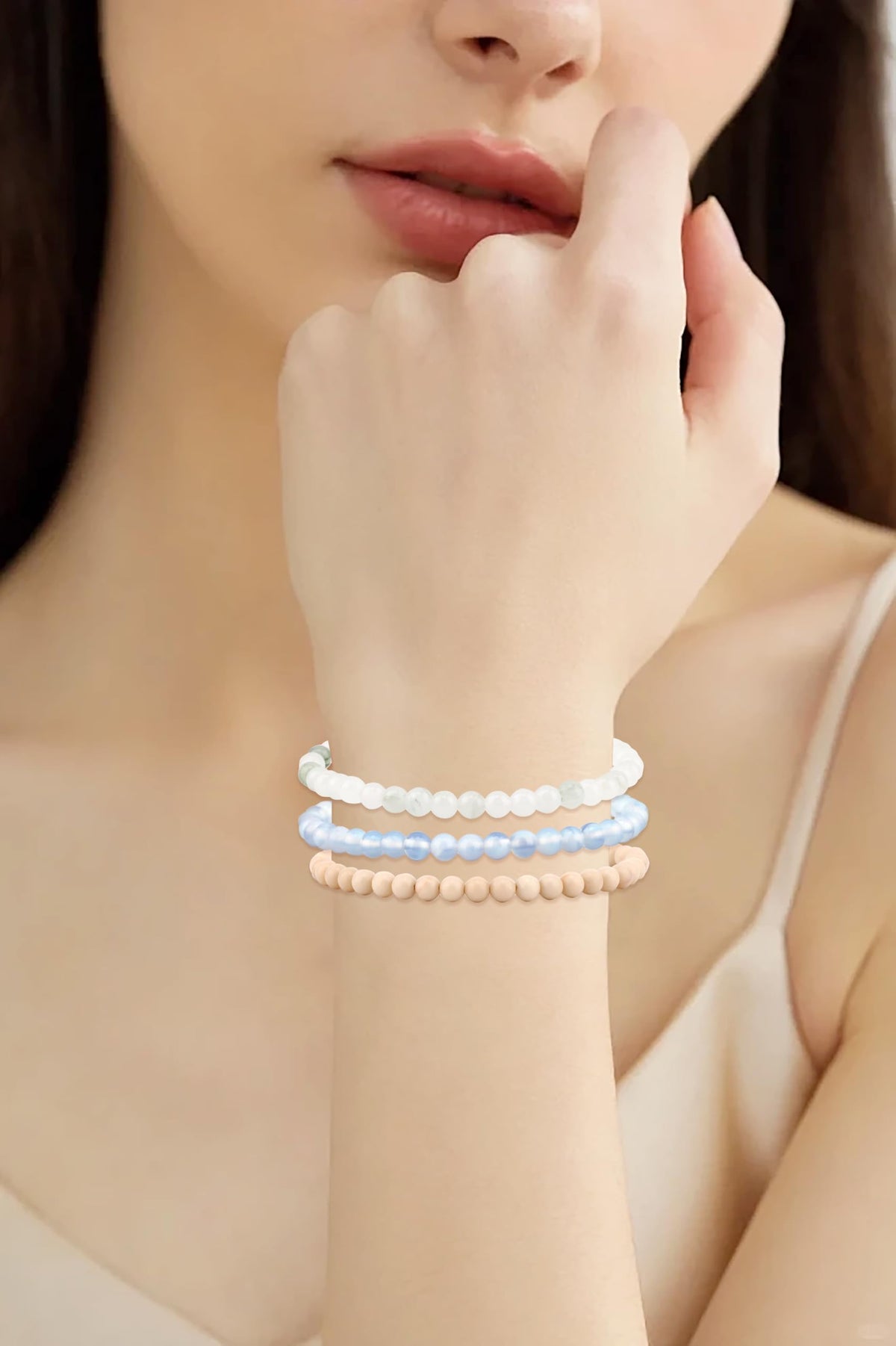 CMBYN 3-Pieces 4mm Natural Crystal Gemstone – Opalite, Tianshan Jade, White Fossil Jasper Handmade Reiki Energy Healing Stretch Bracelets Jewelry for Yoga, Meditation, Unisex