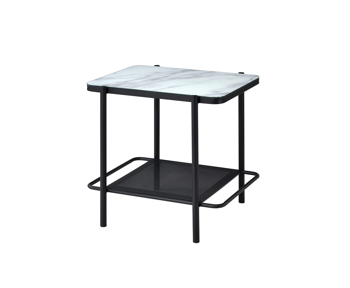 Furniture of America Basil Industrial Faux Marble Top Steel 2-Piece Coffee and End Tables Set with Open Shelves, Black and White