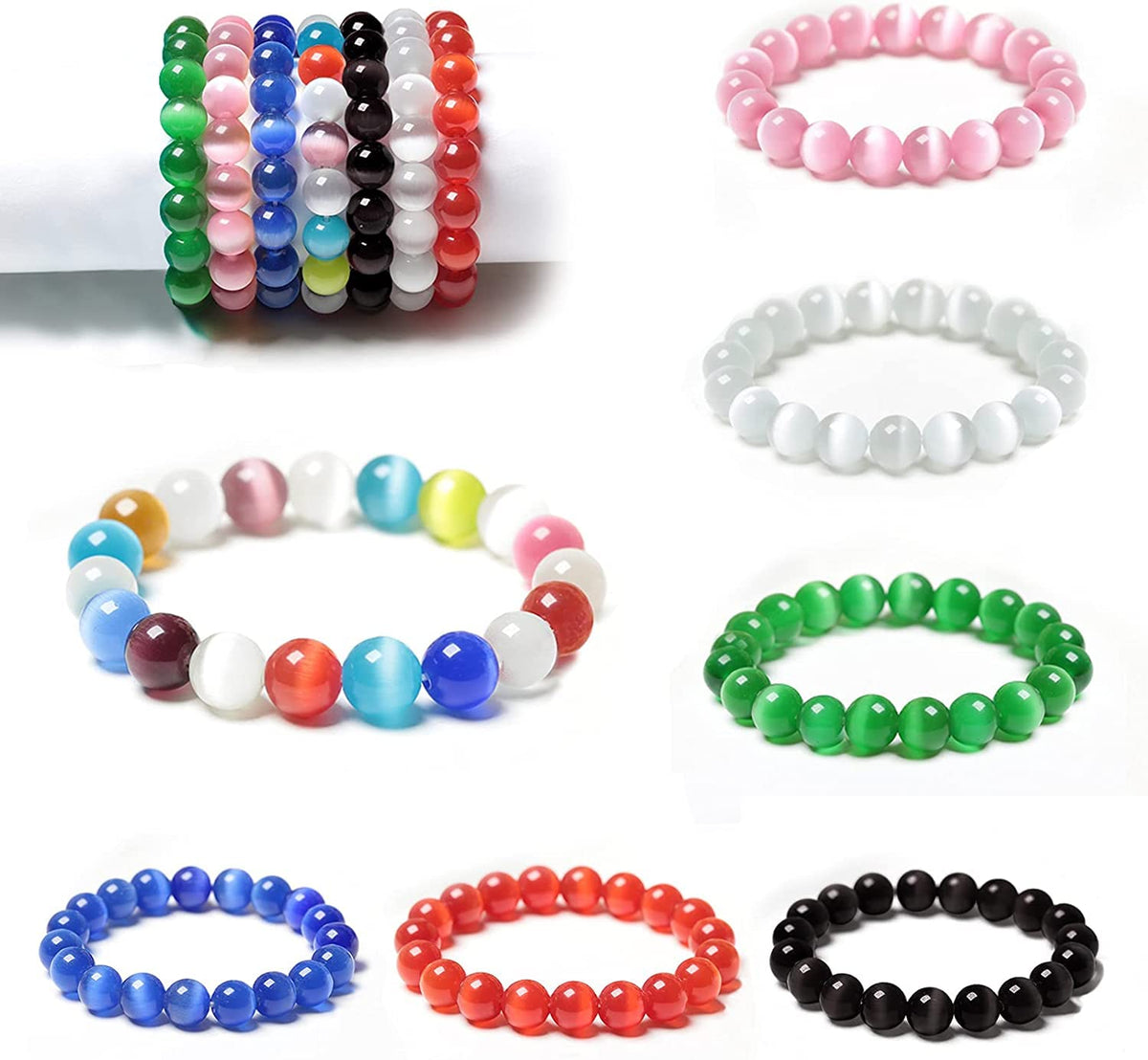 HAAMIIQII 8mm Mint Green Cat Eye Glass Round Crystal Stone Loose Gemstone Beads for Jewelry Making Bracelets Necklaces Earrings Crafts (45-50pcs)