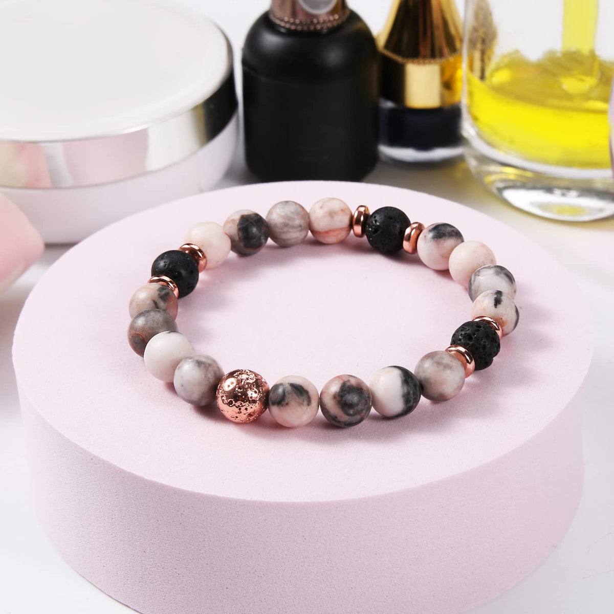 ARCUAT Healing Bracelet for Women, Anxiety Stress Relief Lava Rock Essential Oil Pink Crystal Stone Beaded Bracelet, Calming Spiritual Mood Rose Quartz Bead Stretch Bracelets (8mm Beads)