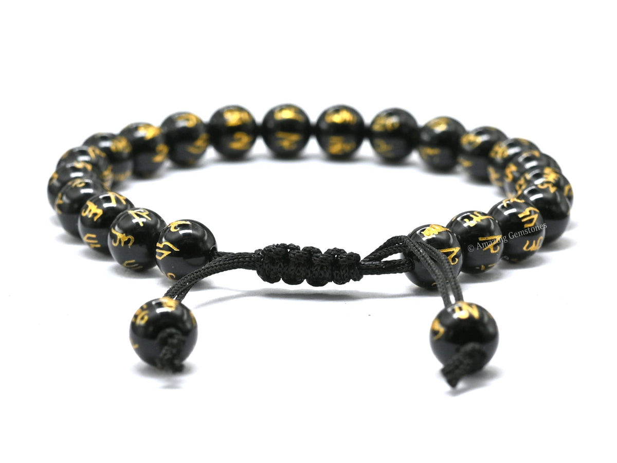 Amazing Gemstone Om Mani Black Agate Bracelet for Women Men's Gifts - Protection Healing Crystal Bracelet - 8mm Gemstones Beaded Adjustable Bracelet Pulseras Para Hombres Mujer Stocking Stuffers
