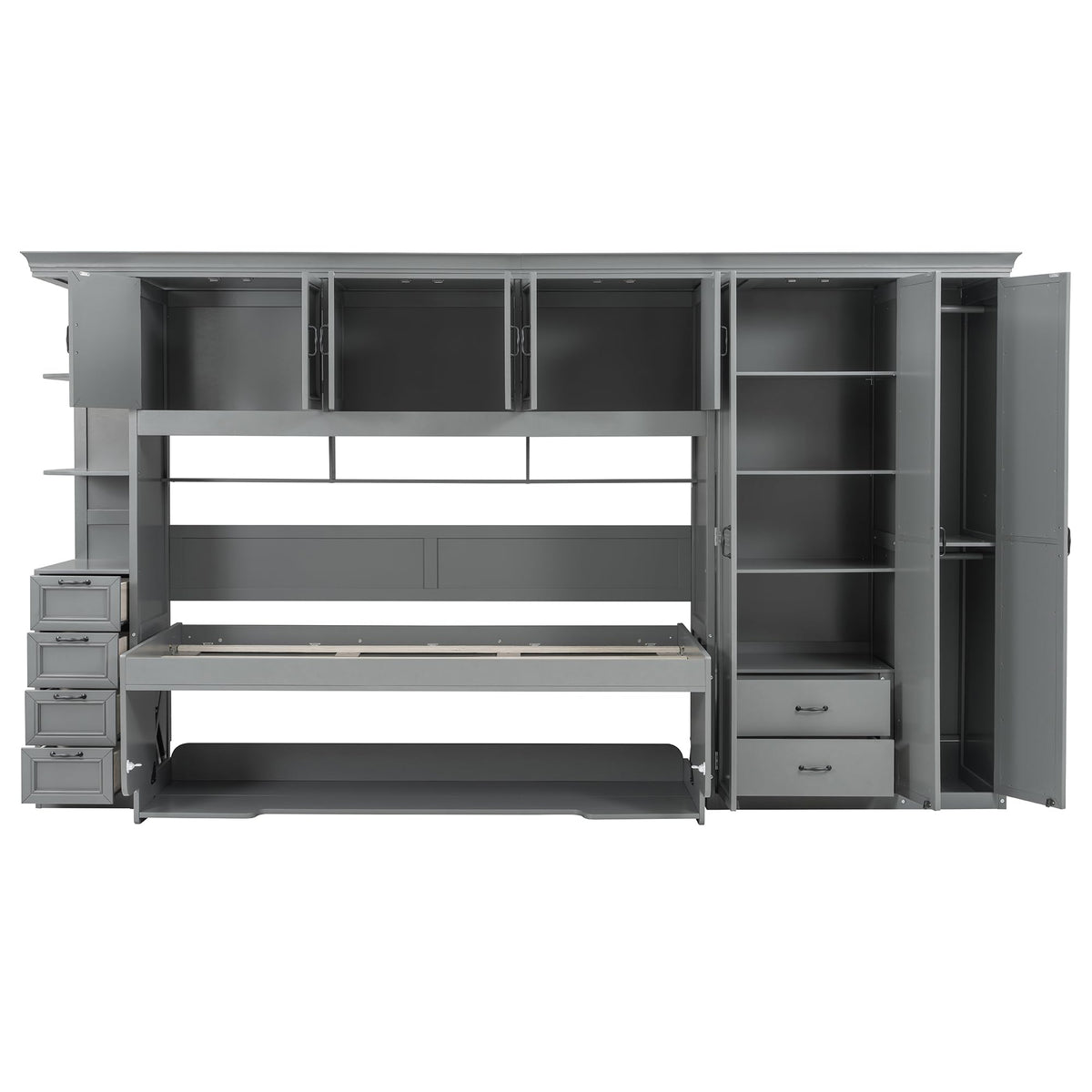 DNYN Murphy Bed with Top Cabinets and Wardrobe, Space-Saving Foldable Wall Bed Frame with Storage Drawers/Shelves/Desk for Bedroom Guest/Study Room, No Box Spring Needed