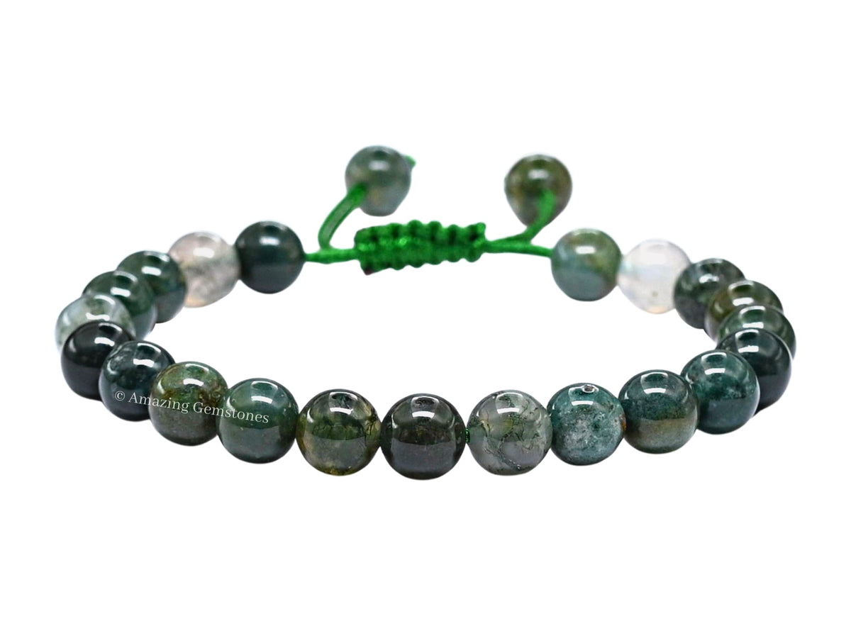 Amazing Gemstone Moss Agate Bracelet for Women Men's Gifts - Protection Healing Crystal Bracelet - 8mm Gemstones Beaded Adjustable Bracelet Pulseras Para Hombres Mujer Stocking Stuffers