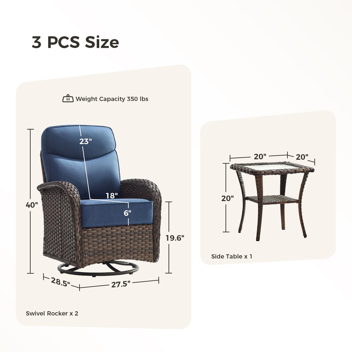 Luxury Outdoor Swivel Rocker Patio Chairs with 6-Inch Thick Cushions, High Back Swivel Glider Patio Chairs, 3PCS Wicker Outdoor Furniture Set for Porch, Patio, Yard, Deck, Poolside, Brown/Blue