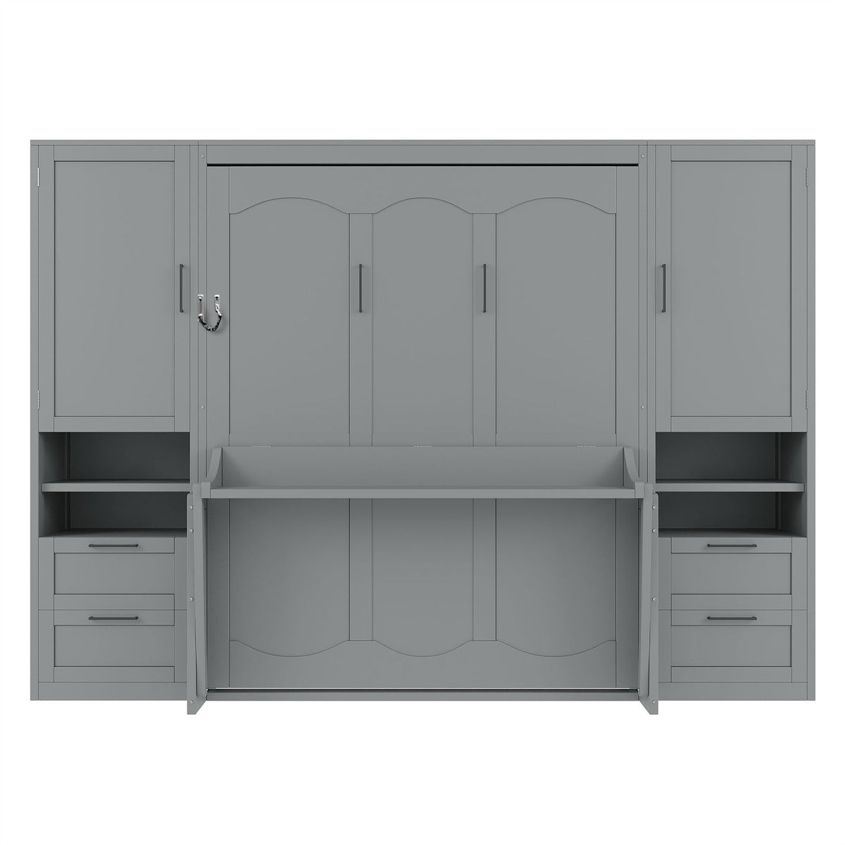 Merax Queen Size Murphy Bed with Desk, Multifunctional Foldable Wall Bed with Closet, Drawers and Shelves, Space-Saving Wood Platform Bed Frame for Small Spaces Studio Study Office Guest Room, Gray