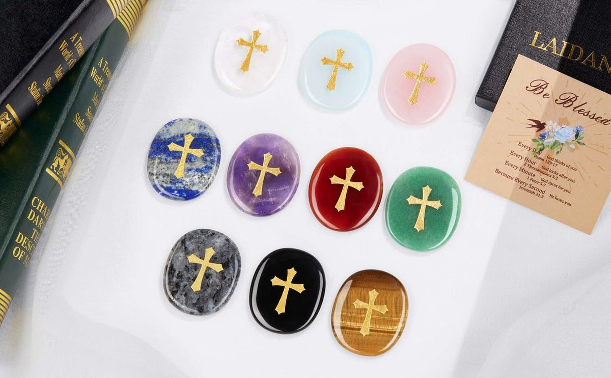 LAIDANLA Tiger Eye Cross Engraved Healing Crystal Worry Stones for Pray Faith Anxiety Relief Oval Palm Stone Polished Natural Crystal Gifts