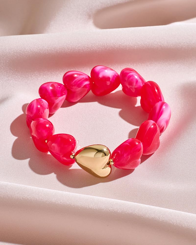 FAUTHENTICUTE Hot Pink Bead Strand Bracelet for Women Boho Fuchsia Red Beaded Statement Bracelet With A Puffy Heart Charm Chunky Stretch Bracelets For Summer Vacation Beach Jewelry Gift