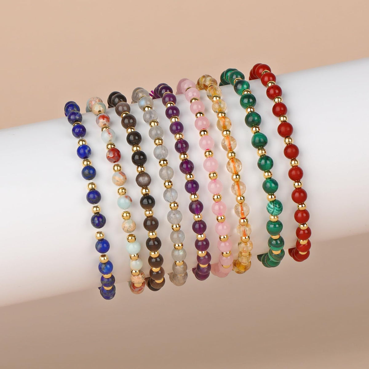 QOGIR Amethyst - Stone of Calmness - 14K Gold Plated Beads Natural Gemstone Stretch Elastic Dainty Healing Beaded Bracelets Gifts 4mm
