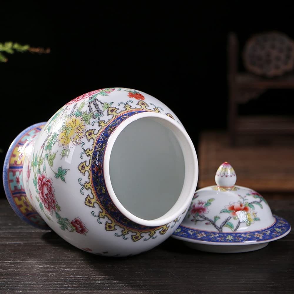 Ceramic Jar with Lid for Home Decor Traditional Chinese Flowers and Birdstemple Handcrafted Porcelain Vase (a) (a One Size)