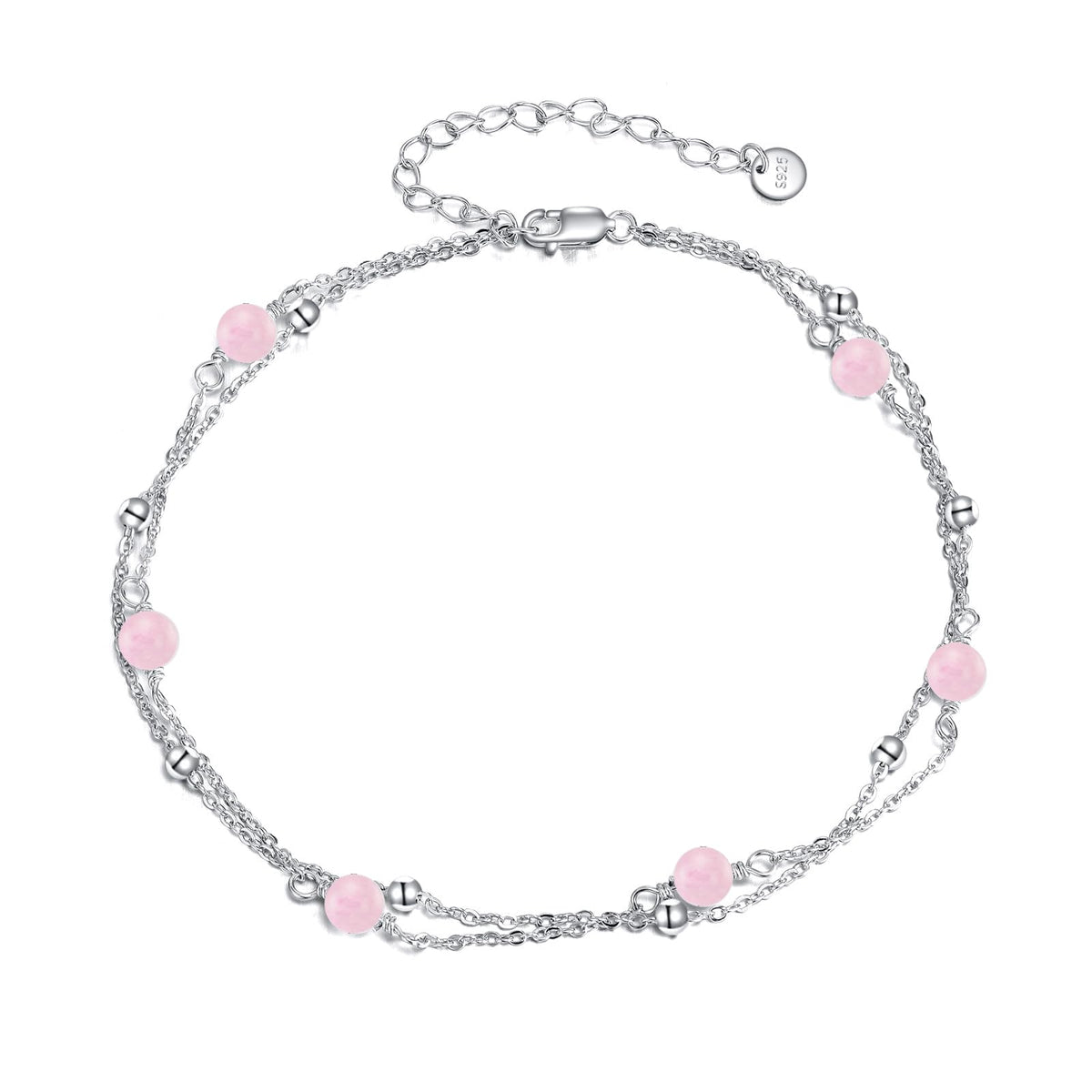 CRMAD Rose Quartz Bracelet Anklet for Women Sterling Silver Beach Jewelry Gift for Women (rose quartz, bracelet 7+2'')