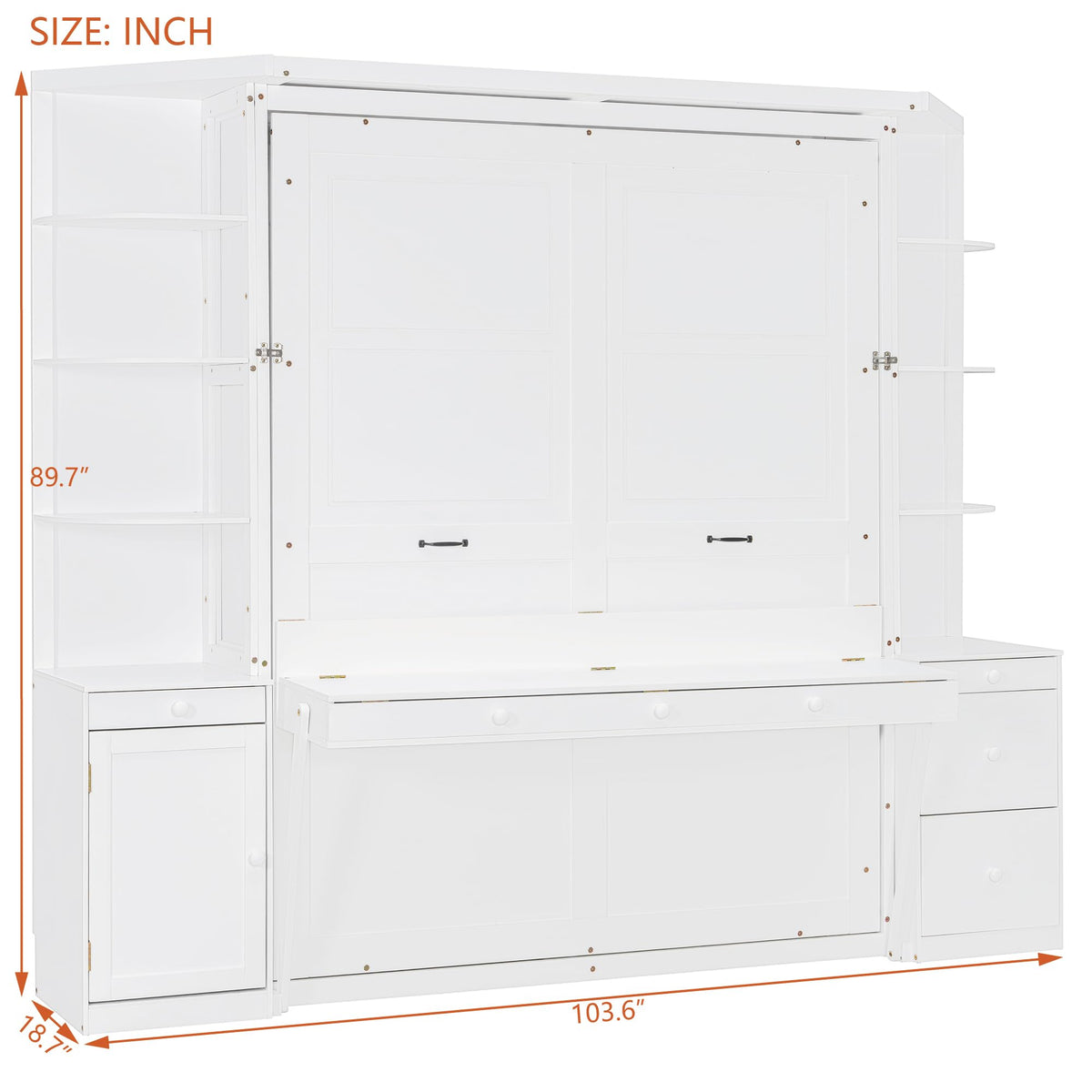 Merax Queen Murphy Bed with Desk and Storage, Hidden Wall Bed with Foldout Workstation, Shelves and Cabinets for Space-Saving Home Office, White