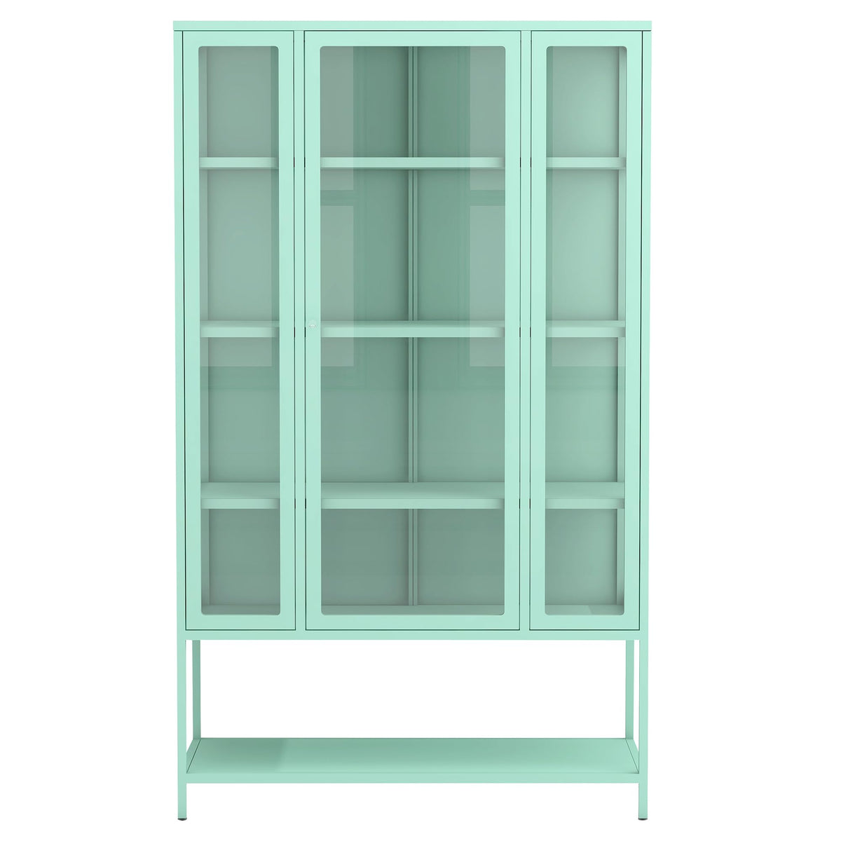 Merax 67" Tall Glass Display Cabinet with Adjustable Shelves and LED Lights, for Collectibles, Modern Steel Storage Curio Cabinet with 3-Sided Glass Display Case for Home Office Study Room, Cyan