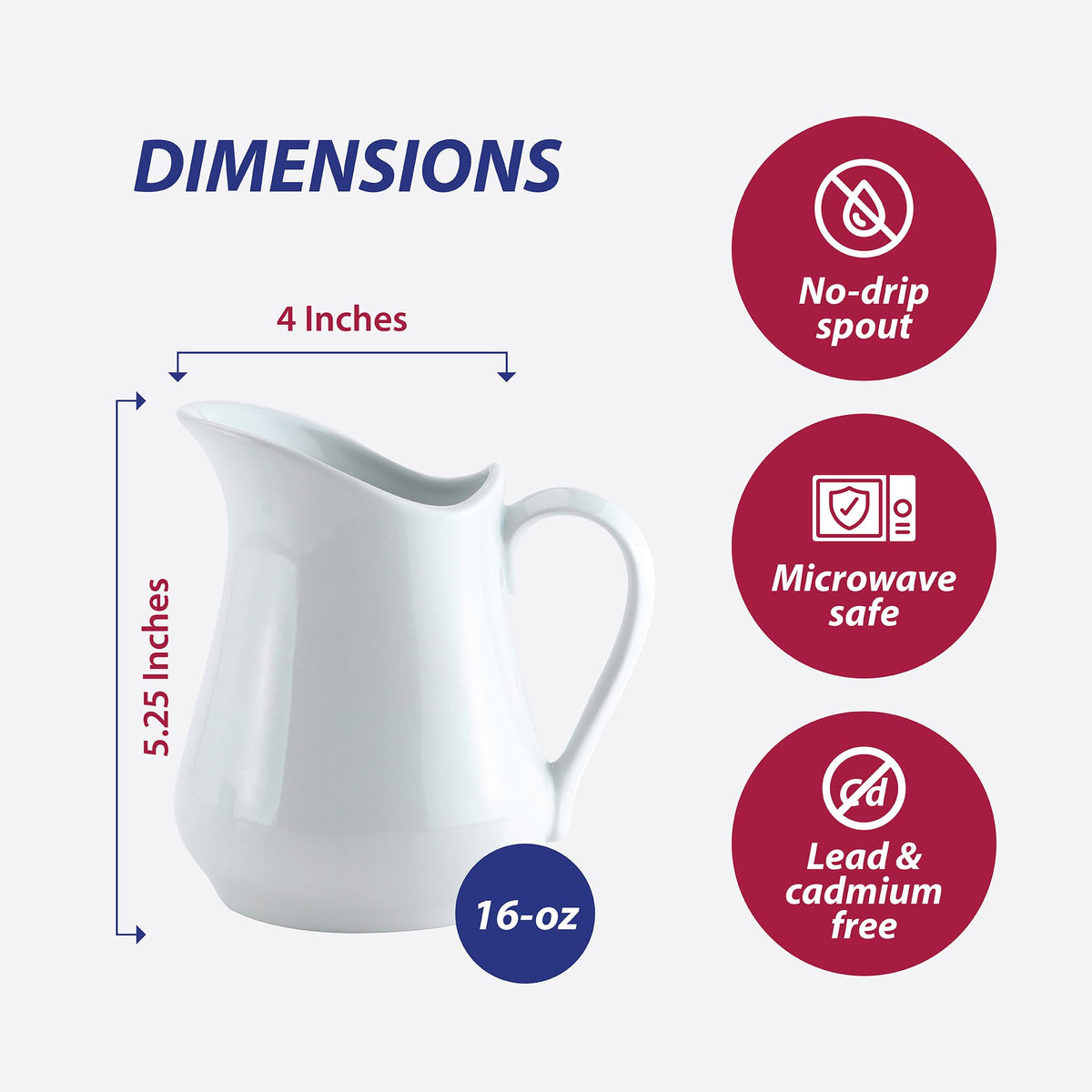 HIC Kitchen Creamer Pitcher With Handle, Fine Porcelain, 16-Ounce Capacity, For Coffee, Tea, Dressings, Syrups, Sauces